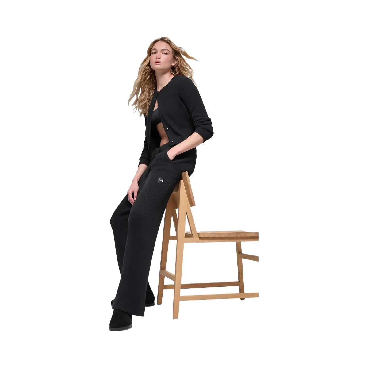 Alo Women's Snuggle Up Sweater High-Waist Wide Leg Pant - Black - HypeFly India View 4
