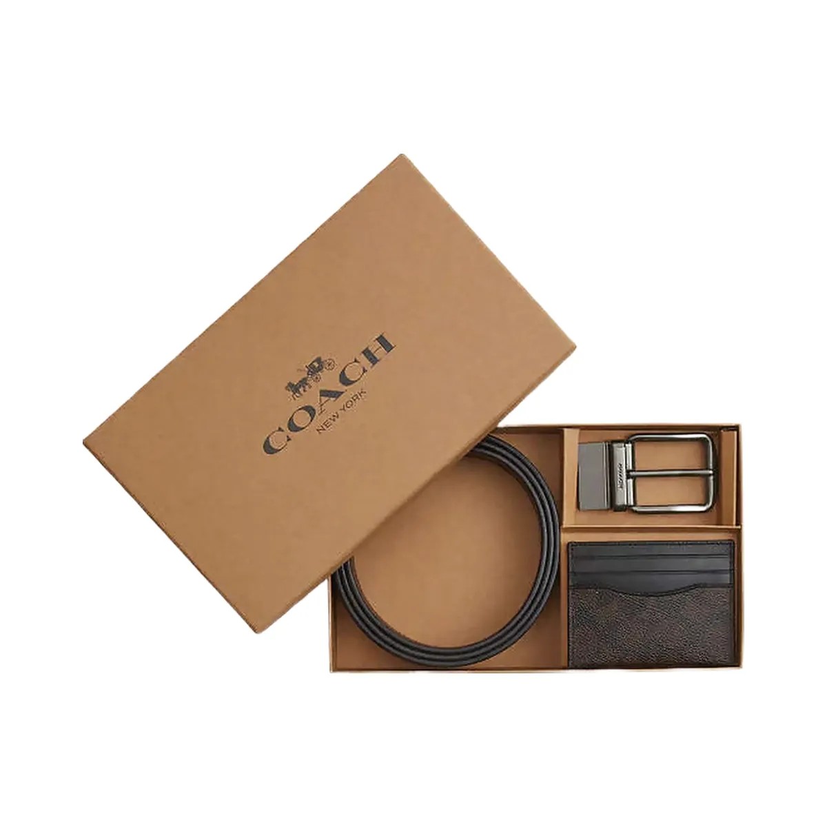Coach Boxed Card Case And Belt Set In Signature Canvas Signature Canvas-Qb-Walnut-Black - HypeFly India View 1