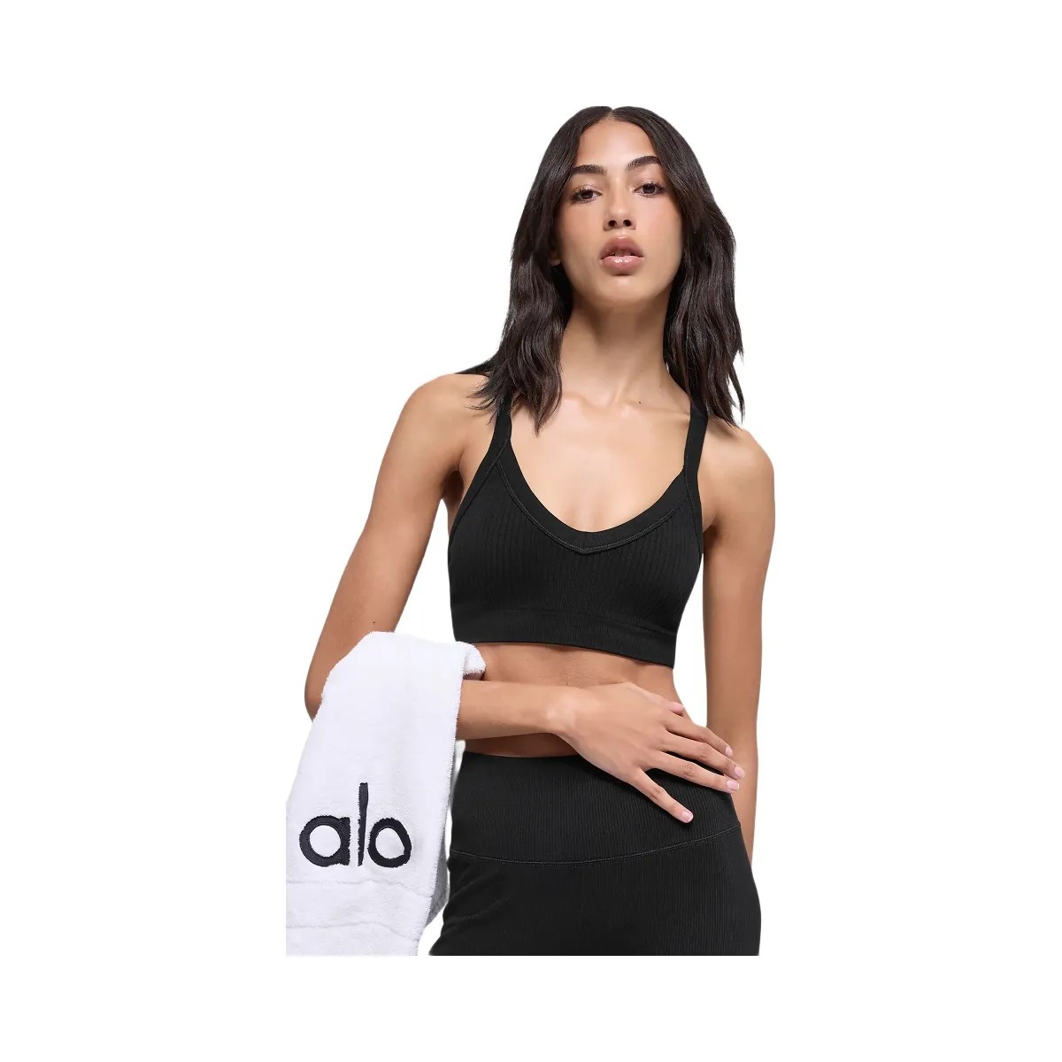 Alo Women's Seamless Two Tone Rib Bra - Black - HypeFly India View 4