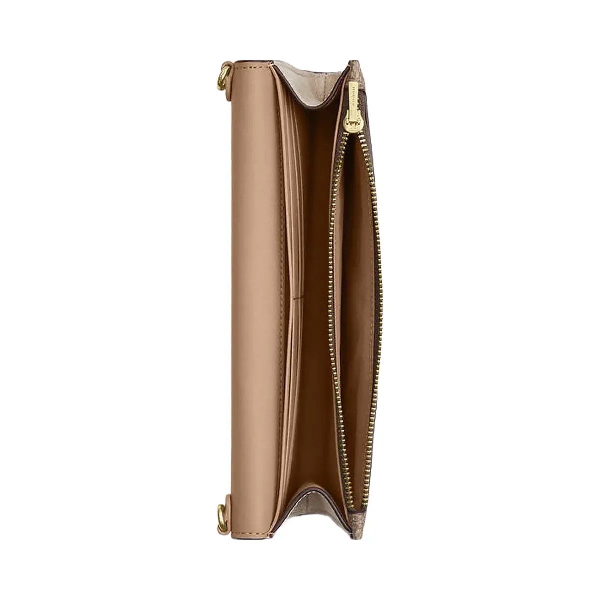 Coach Klare Wallet With Chain In Blocked Signature Canvas Gold-Sand-Tan - HypeFly India View 3