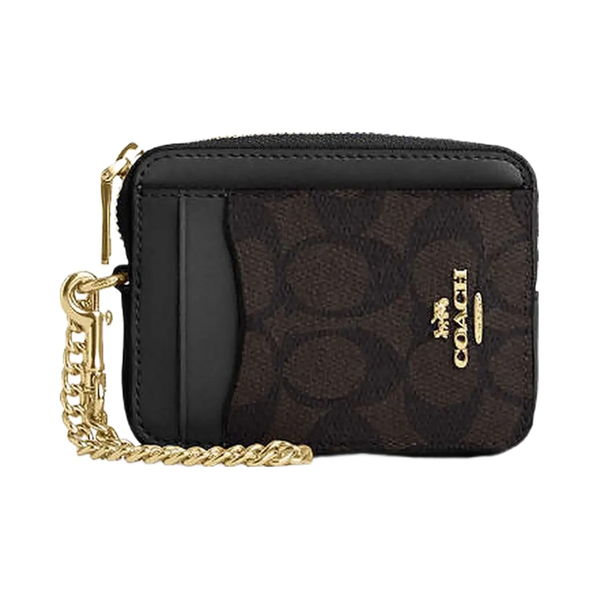 Coach Zip Card Case In Signature Canvas Signature Canvas-Gold-Walnut-Black - HypeFly India View 1