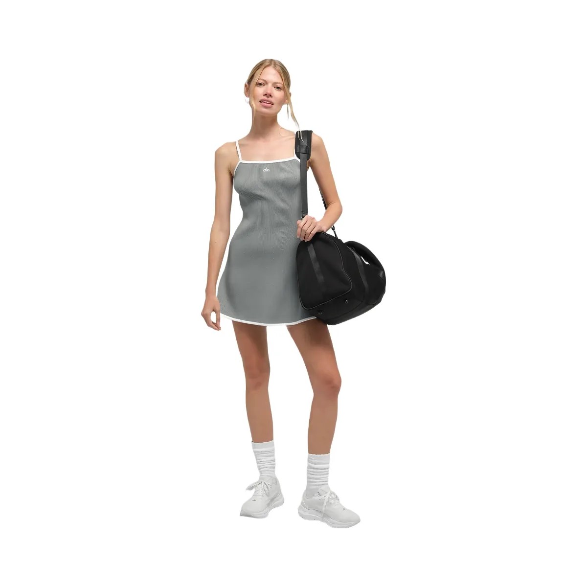 Alo Women's Ribbed Sweater Knit Highline Dress - Lunar Grey/White - HypeFly India View 3