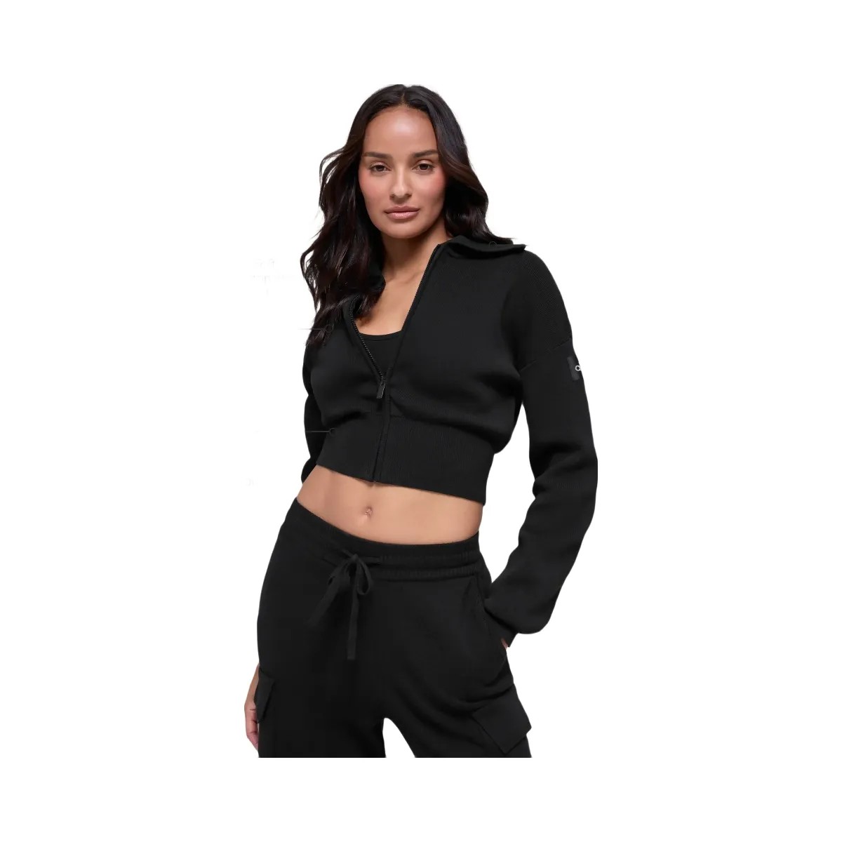 Alo Women's Scholar Knit Cropped Full Zip Jacket - Black - HypeFly India View 1