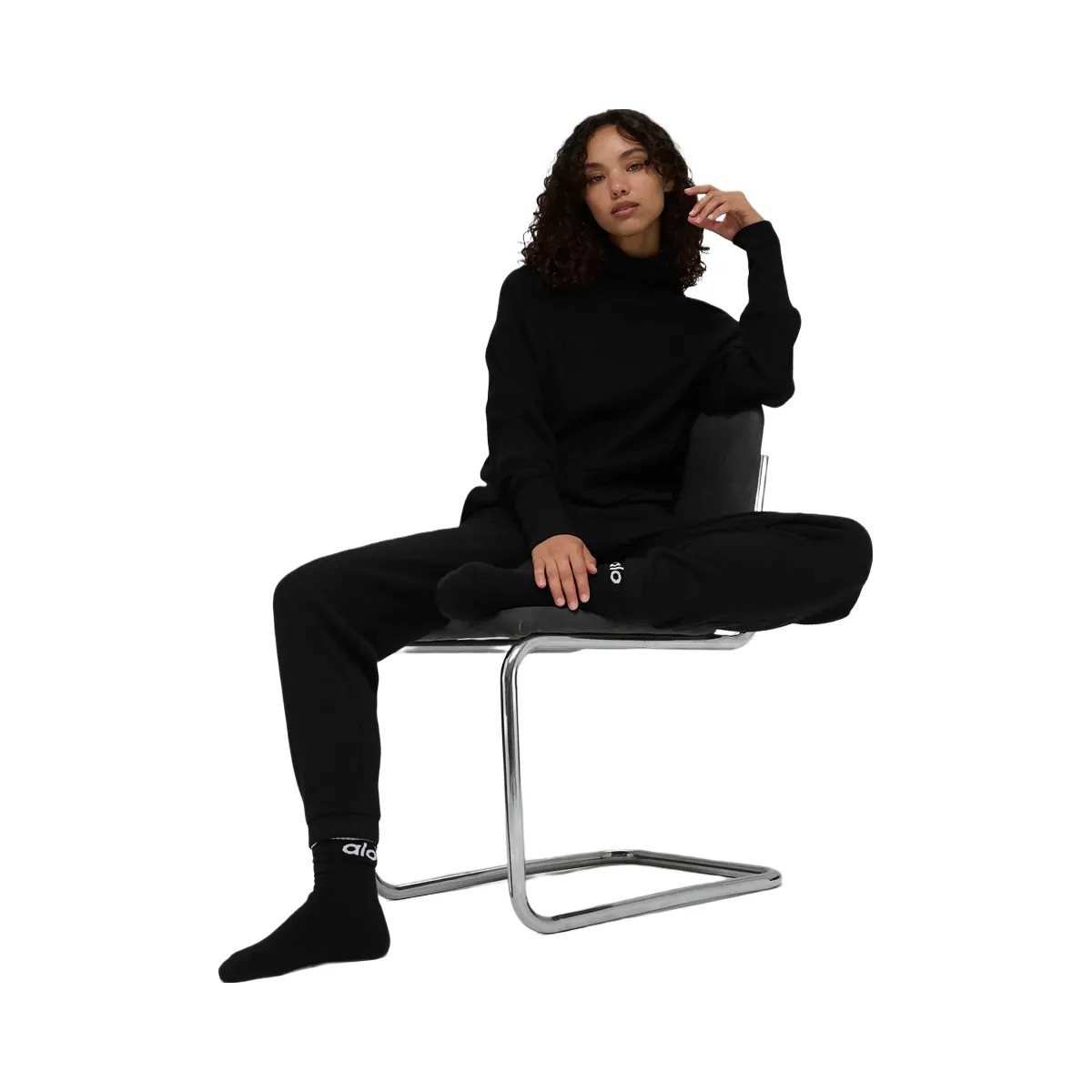 Alo Women's Waffle Weekend Escape Mock Neck Long Sleeve - Black - HypeFly India View 6