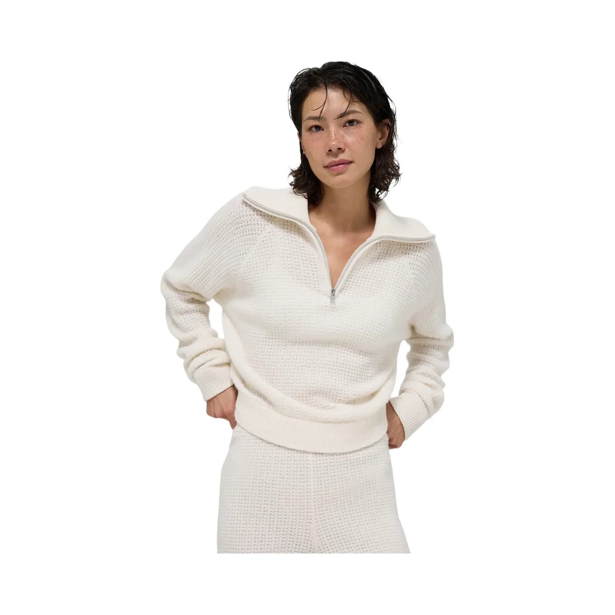 Alo Women's Cashmere Plush Waffle 1/4 Zip Pullover - Ivory - HypeFly India View 1