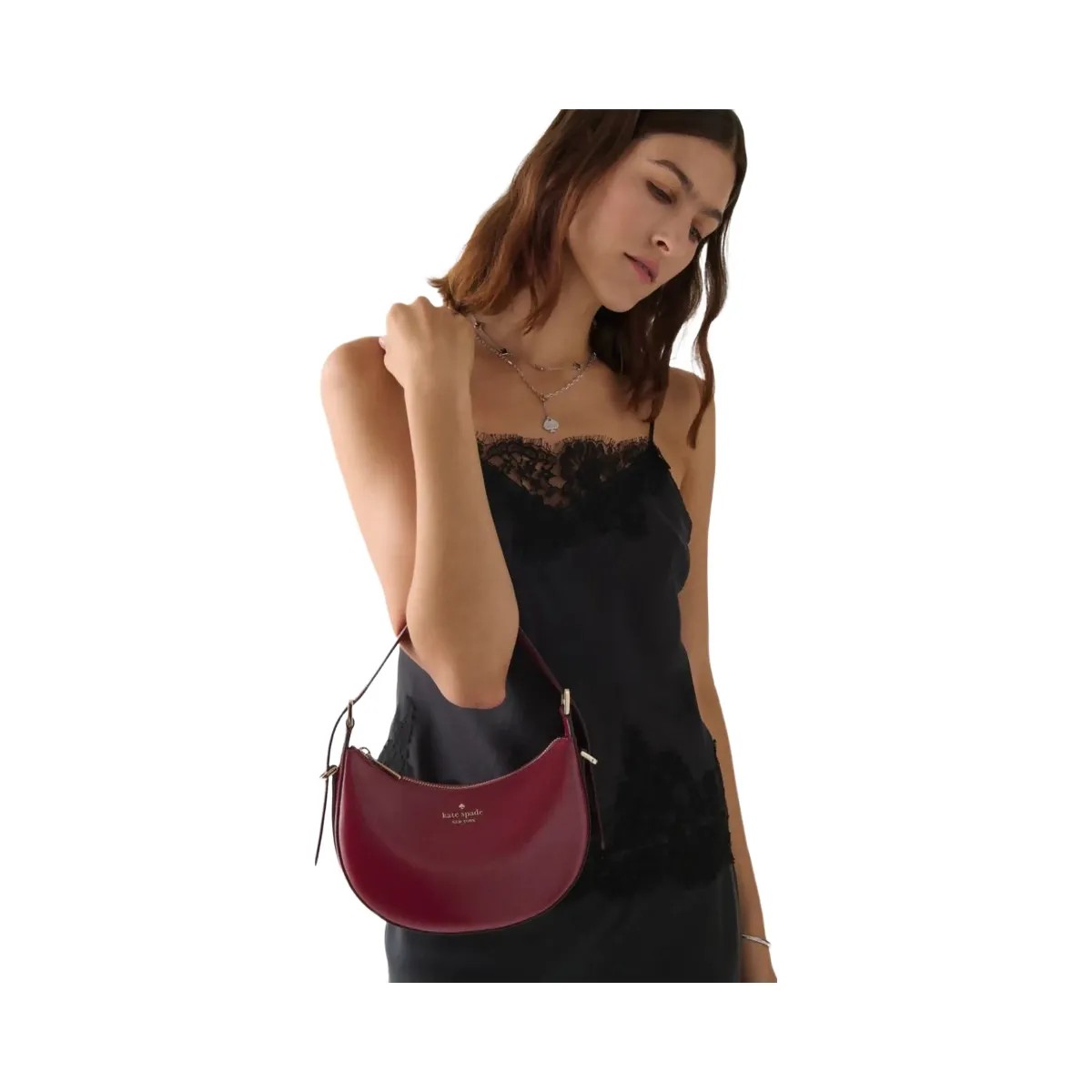 Kate Spade Nova Textured Patent Leather Small Crescent Shoulder Bag Red Jam - HypeFly India View 3