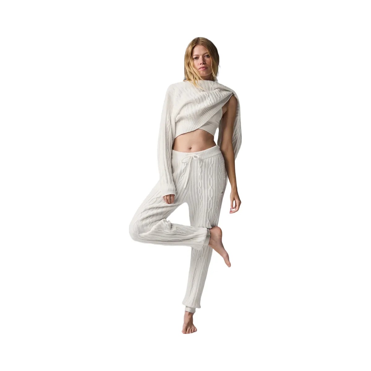 Alo Women's Cable Knit Winter Bliss Pant - Ivory - HypeFly India View 5