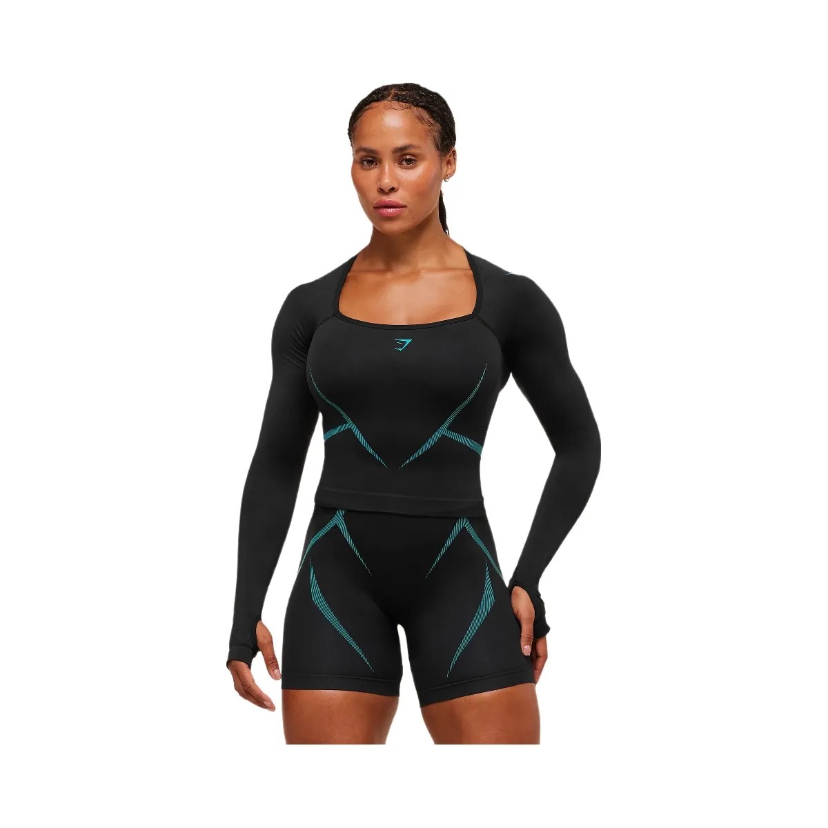 Gymshark Apex Lift Seamless Long Sleeve Crop Top - Black/Brand Blue - HypeFly India View 6