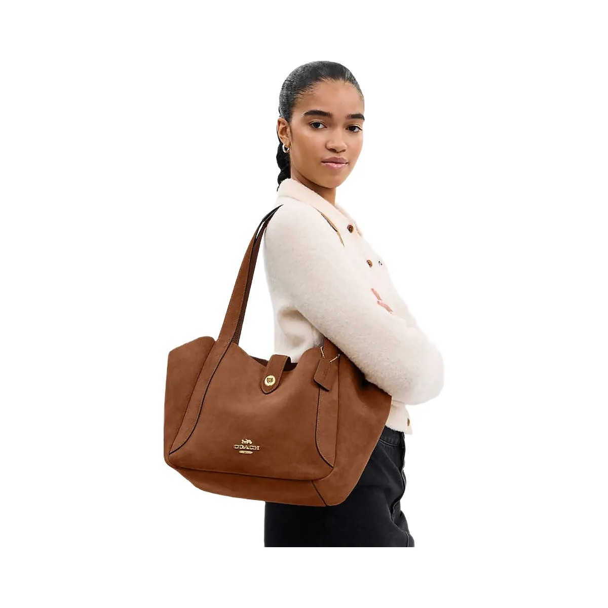 Coach Hadley Turnlock Tote Bag Suede-Gold-Sienna - HypeFly India View 2