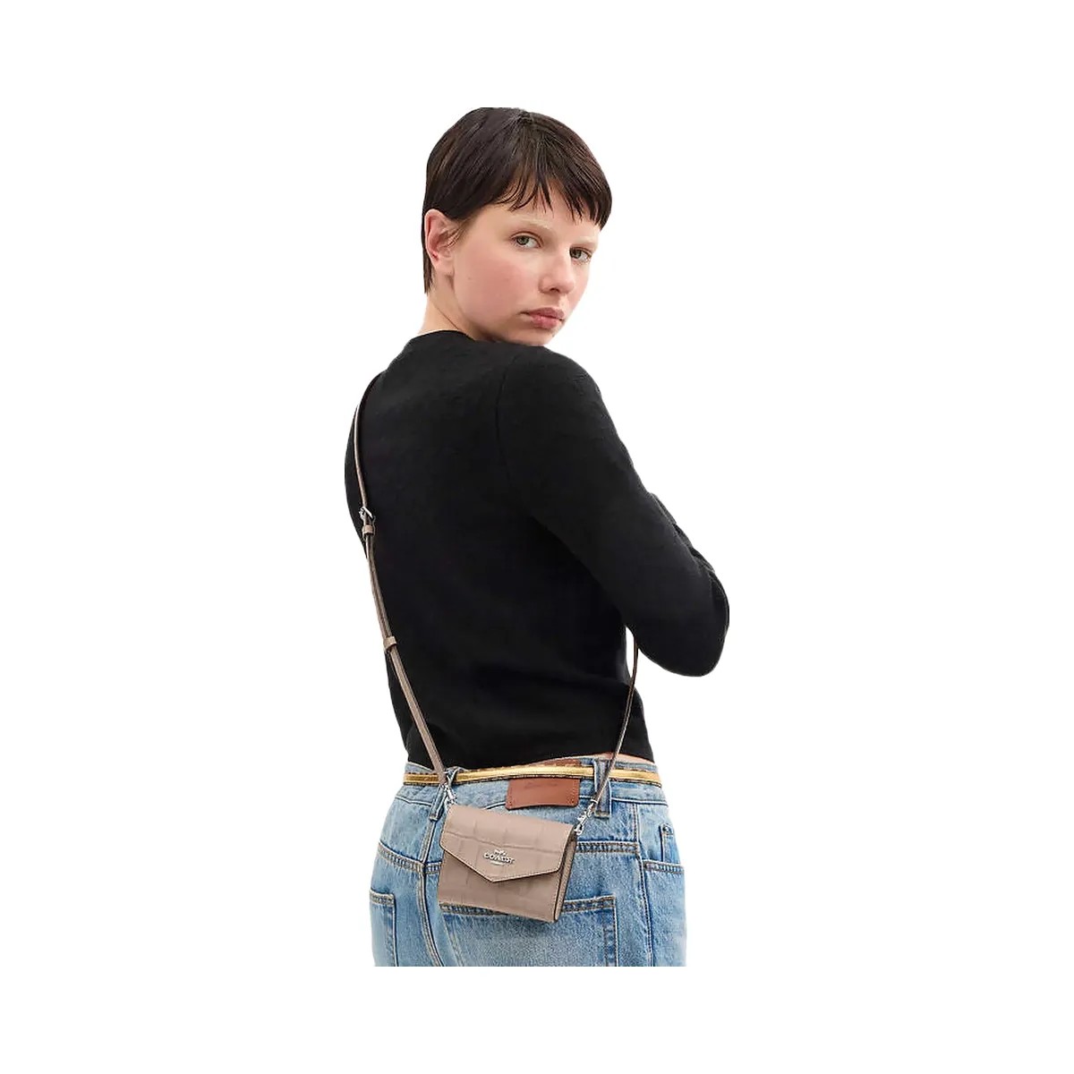 Coach Mini Envelope Wallet With Strap Embossed Crocodile-Silver-Stone - HypeFly India View 3