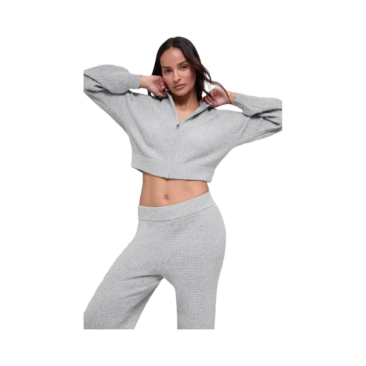 Alo Women's Cashmere Plush Waffle Full Zip Hoodie - Athletic Heather Grey - HypeFly India View 1