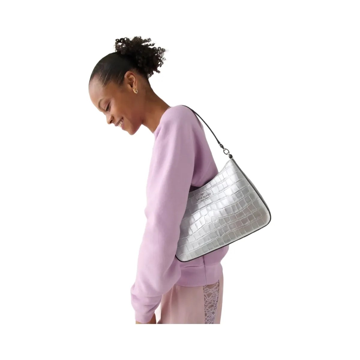 Kate Spade Margot Metallic Croc Embossed Convertible Shoulder Bag Silver - HypeFly India View 3