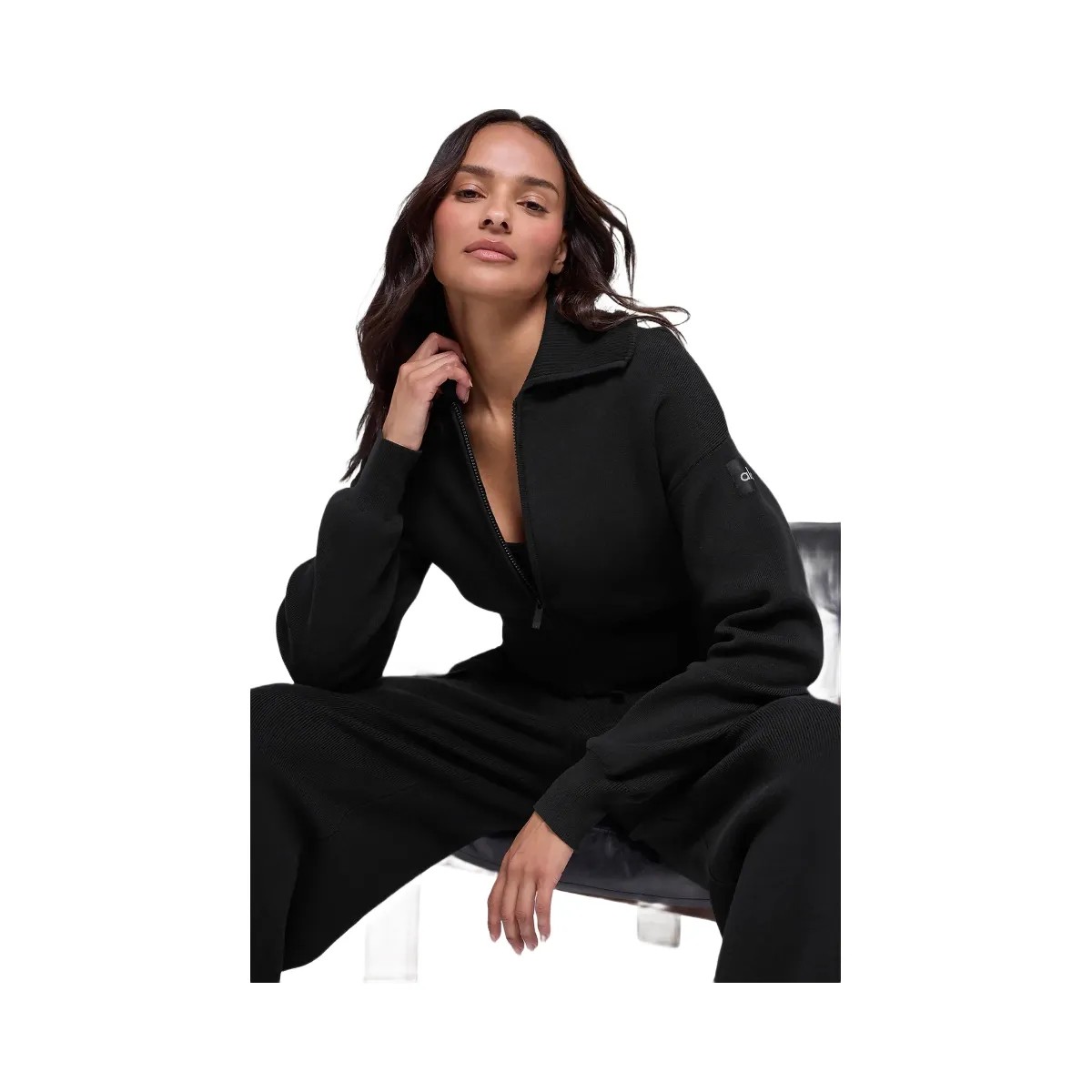 Alo Women's Scholar Knit Cropped Full Zip Jacket - Black - HypeFly India View 3