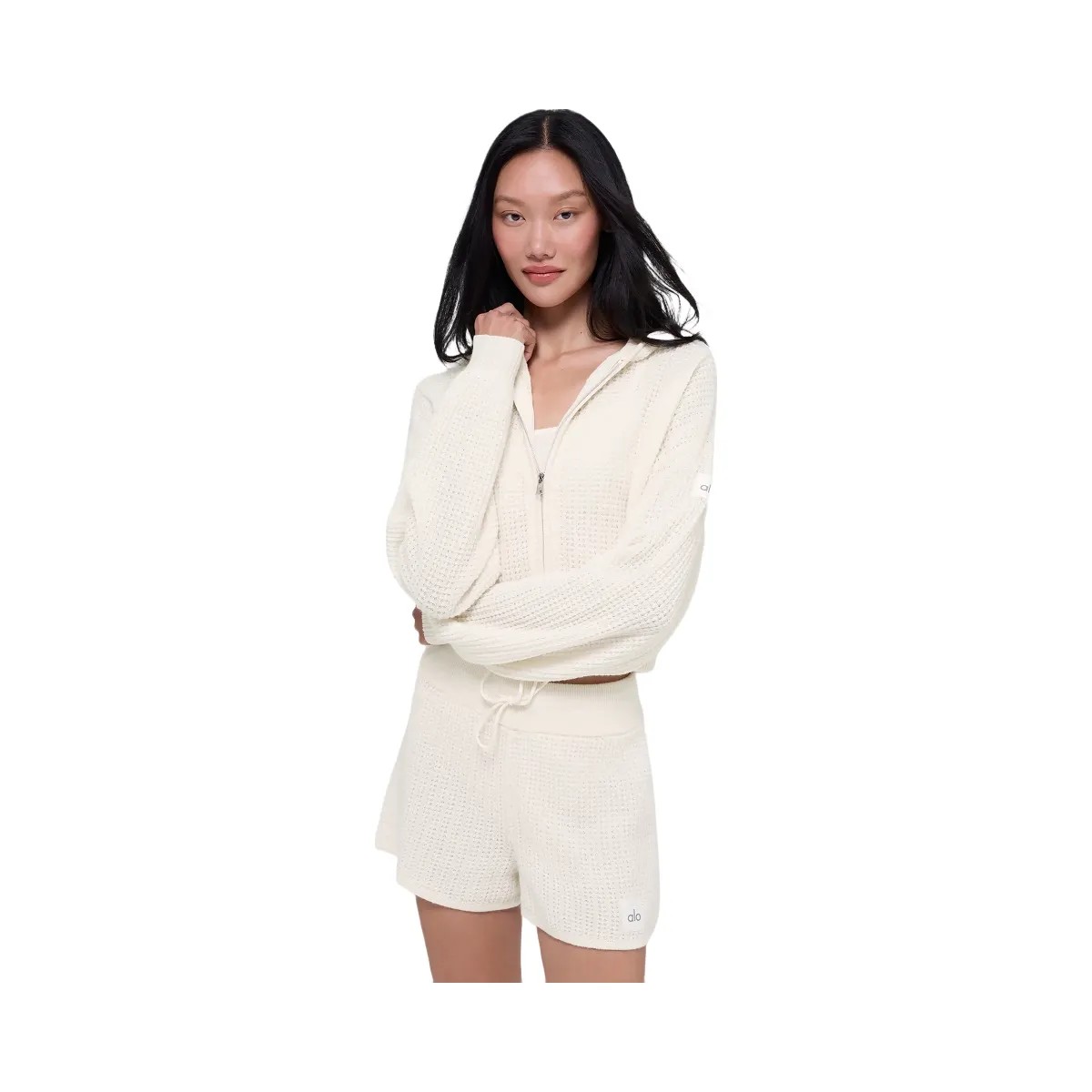 Alo Women's Cashmere Plush Waffle Full Zip Hoodie - Ivory - HypeFly India View 1