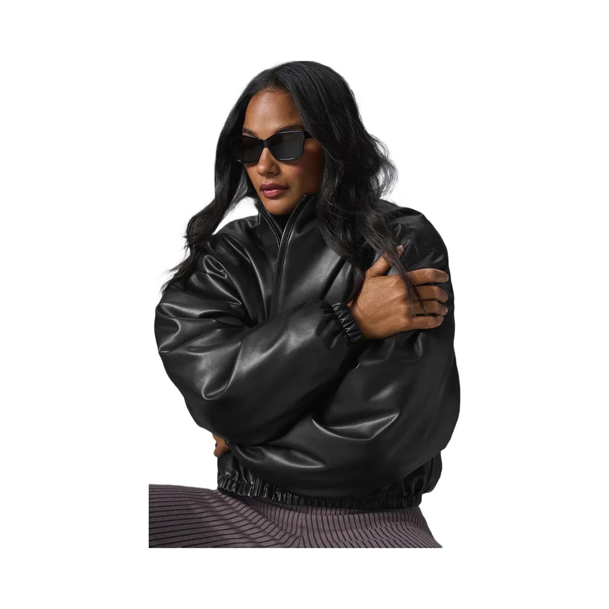 Alo Women's Faux Leather Premier Bomber - Black - HypeFly India View 4