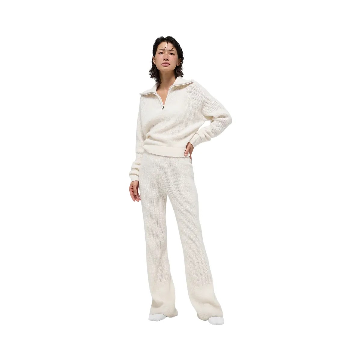 Alo Women's Cashmere Plush Waffle 1/4 Zip Pullover - Ivory - HypeFly India View 4