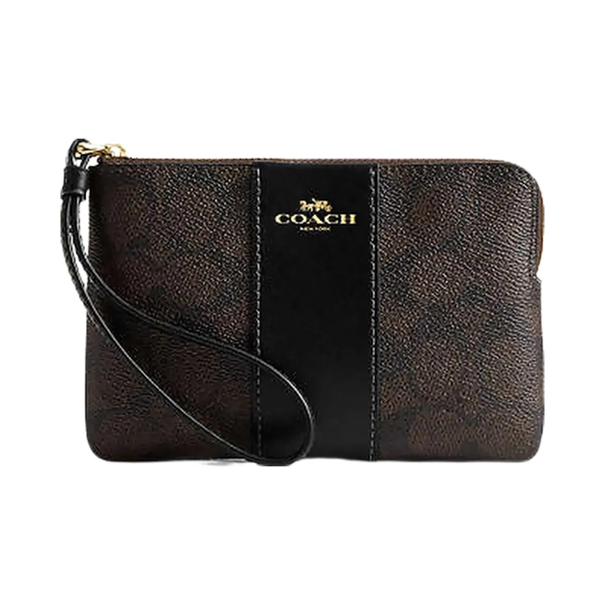 Coach Corner Zip Wristlet In Signature Canvas With Stripe Signature Canvas-Gold-Walnut-Black - HypeFly India View 1