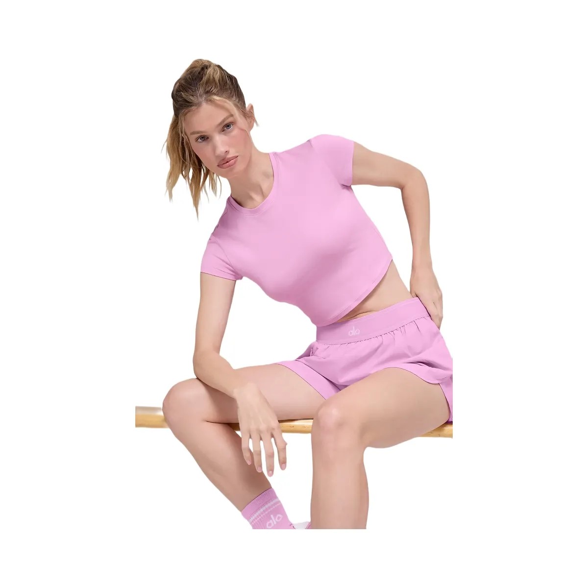 Alo Women's soft Crop Finesse Short Sleeve - Candy Heart Pink - HypeFly India View 4