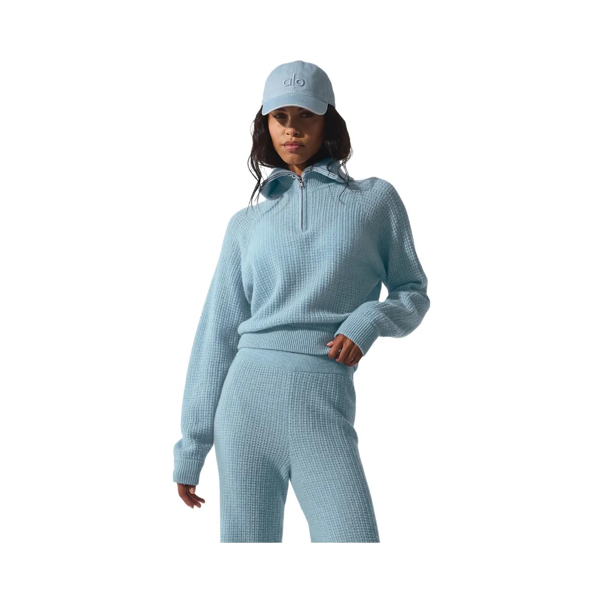 Alo Women's Cashmere Plush Waffle 1/4 Zip Pullover - Celestial Blue Heather - HypeFly India View 1