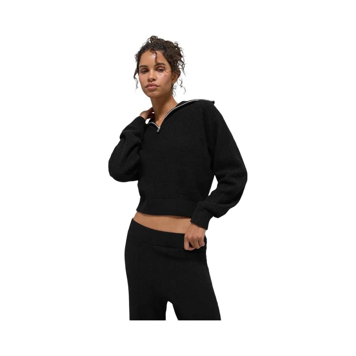 Alo Women's Cashmere Plush Waffle 1/4 Zip Pullover - Black - HypeFly India View 1