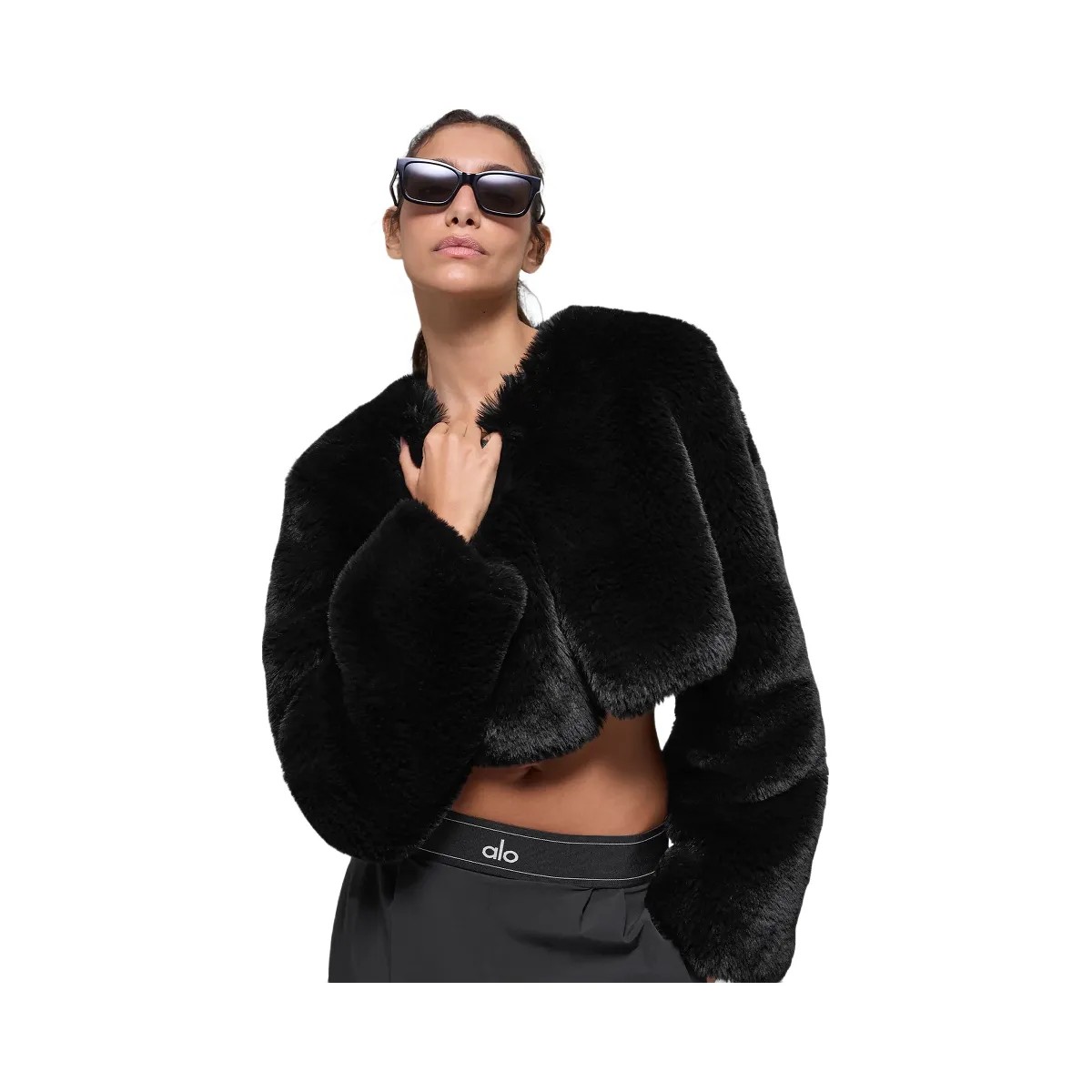 Alo Women's Faux Fur Chic Cropped Jacket - Black - HypeFly India View 1