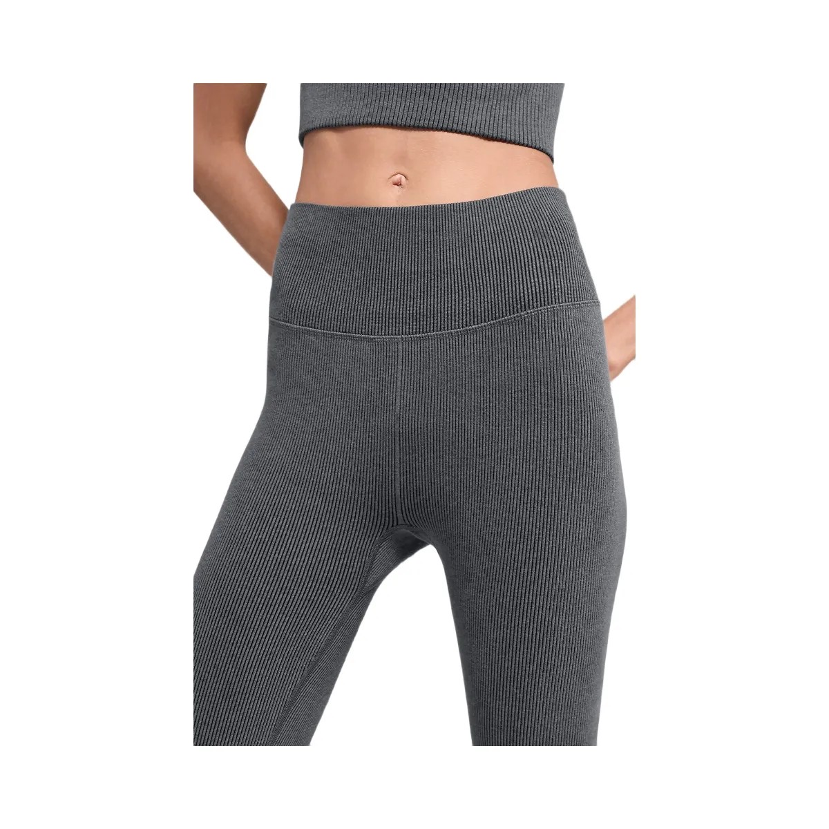 Alo Women's Seamless High-Waist Two Tone Rib Legging - Dark Misty Grey Heather - HypeFly India View 2