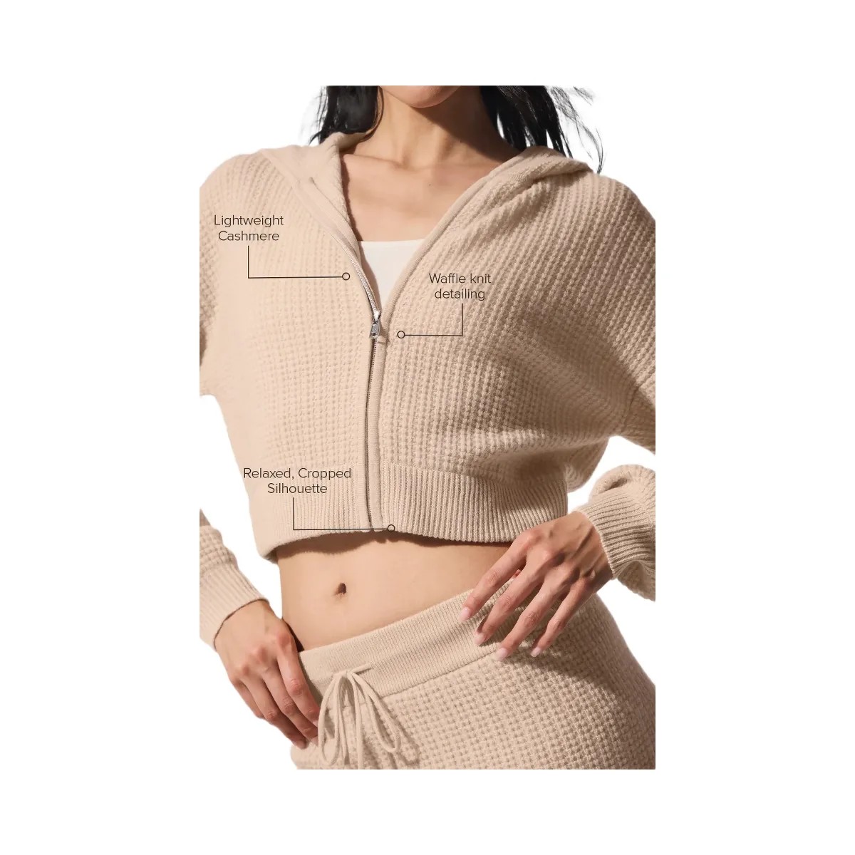 Alo Women's Cashmere Plush Waffle Full Zip Hoodie - Macadamia Blush - HypeFly India View 3