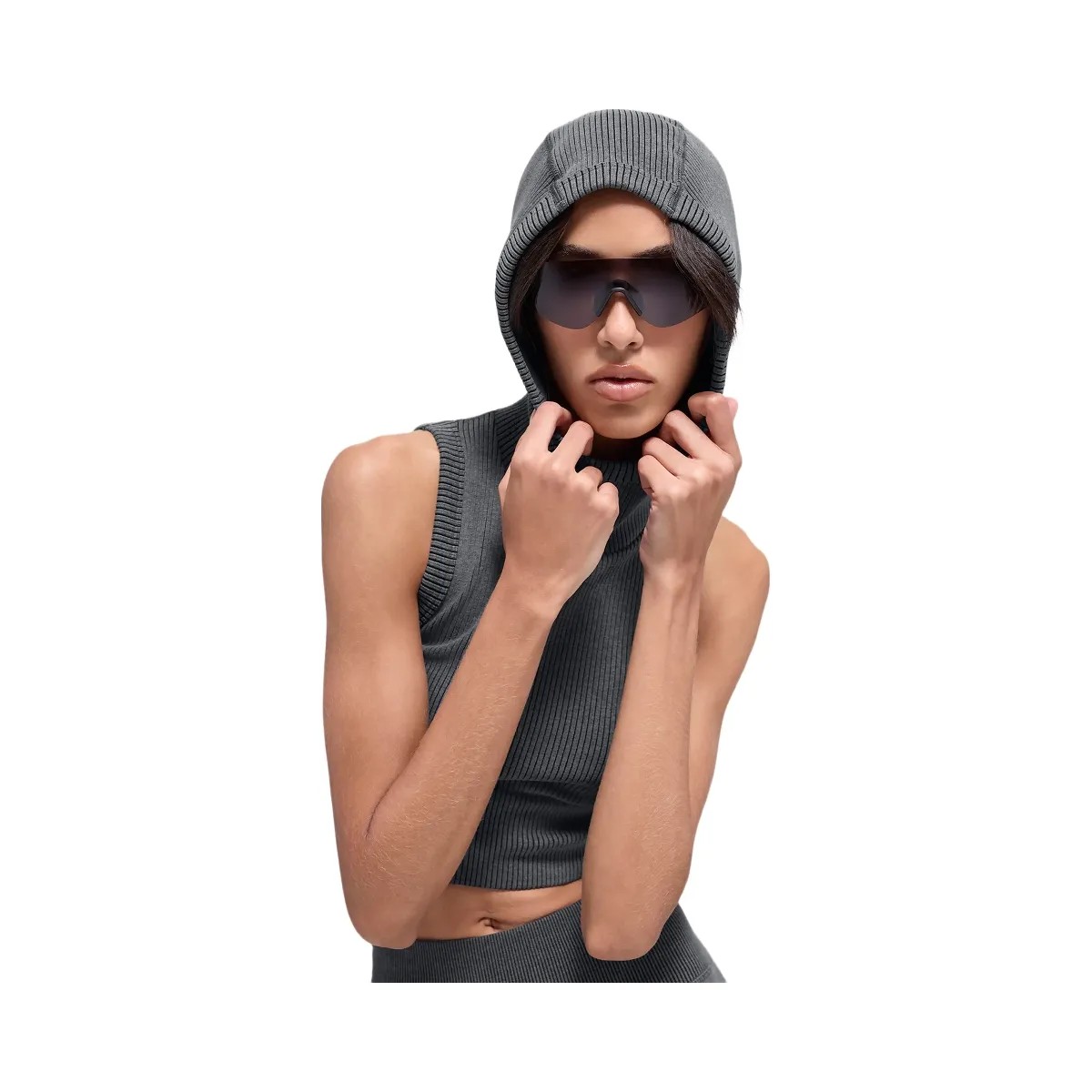 Alo Women's Seamless Two Tone Rib Hooded Vest - Dark Misty Grey Heather - HypeFly India View 2