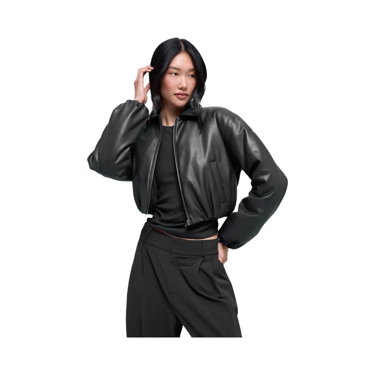 Alo Women's Faux Leather Cropped Premier Bomber - Black - HypeFly India View 1
