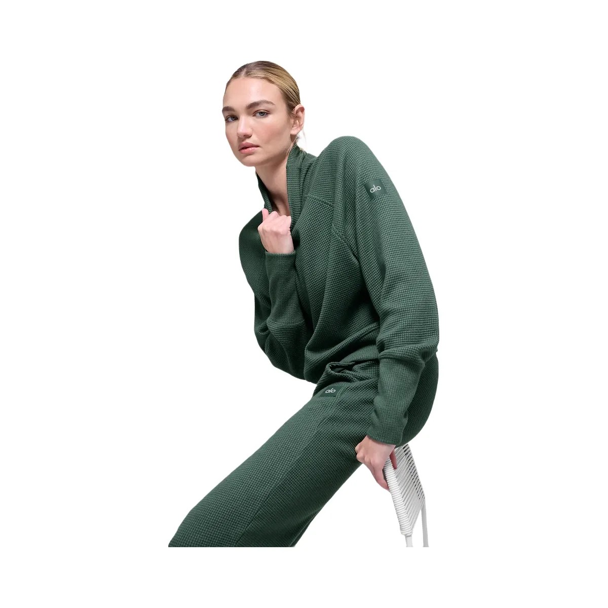 Alo Women's Waffle Weekend Escape Mock Neck Long Sleeve - Clover Green - HypeFly India View 5