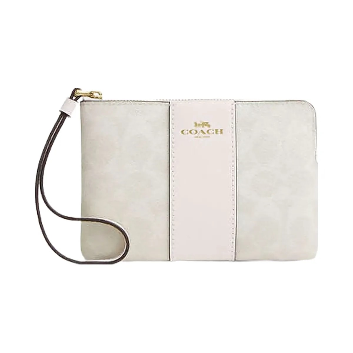 Coach Corner Zip Wristlet In Signature Canvas With Stripe Signature Canvas-Gold-White-Chalk - HypeFly India View 1