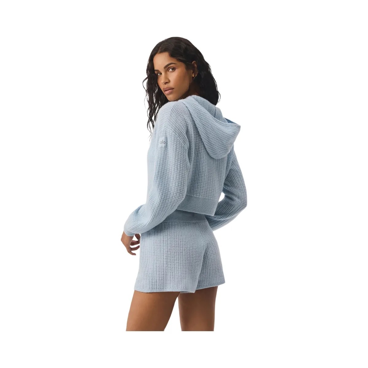 Alo Women's Cashmere Plush Waffle Full Zip Hoodie - Crystal Blue - HypeFly India View 2