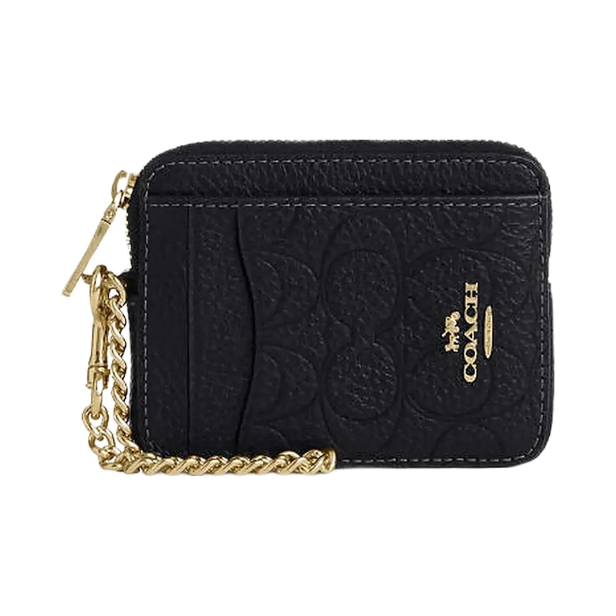 Coach Zip Card Case In Signature Leather Pebbled Leather-Gold-Black - HypeFly India View 1