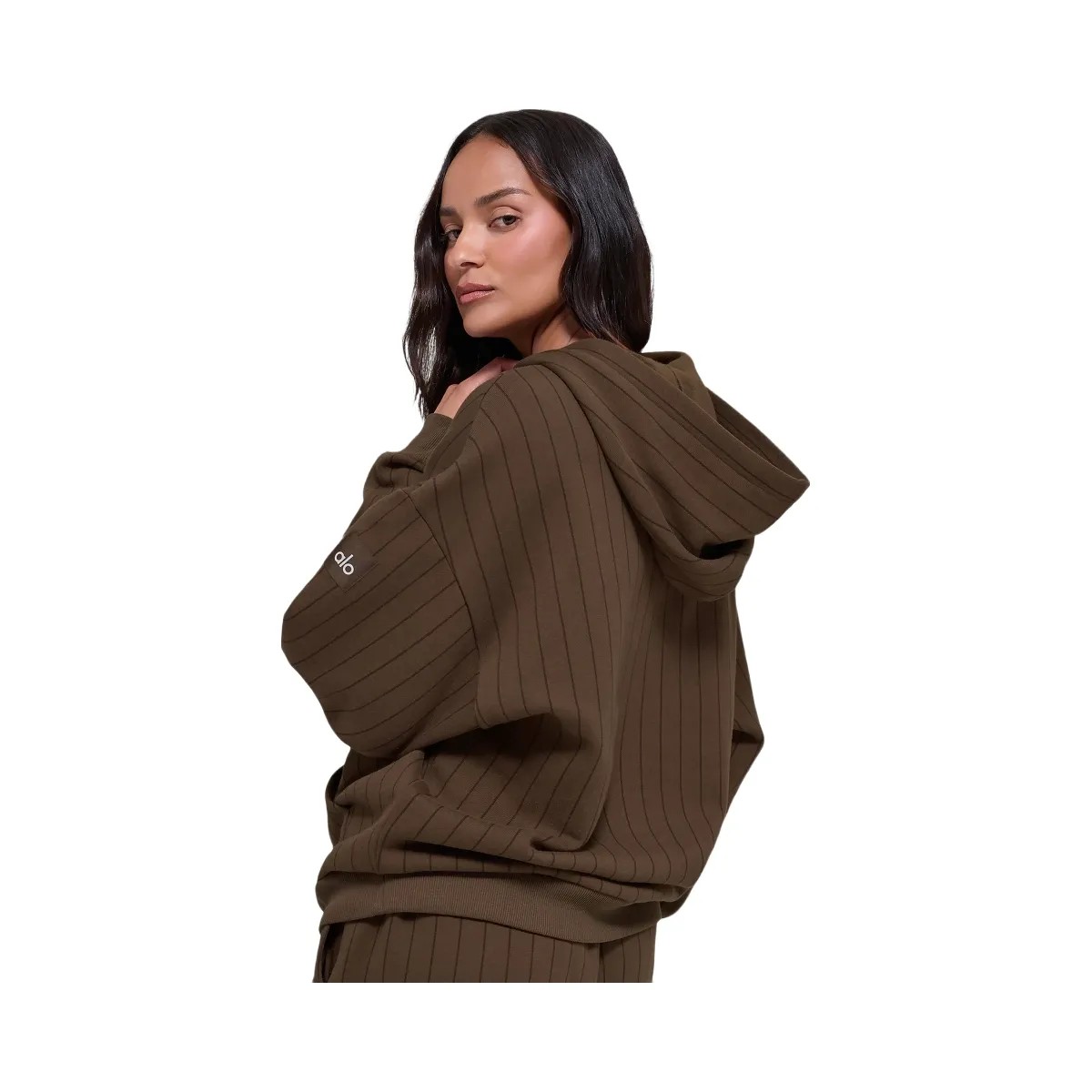 Alo Women's Pinstripe Hoodie - Espresso Pinstripe - HypeFly India View 3
