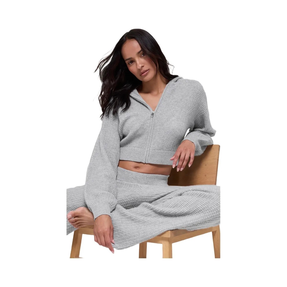 Alo Women's Cashmere Plush Waffle Full Zip Hoodie - Athletic Heather Grey - HypeFly India View 3