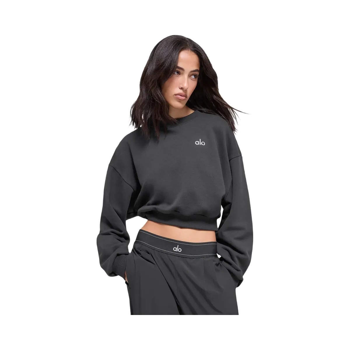 Alo Women's Cropped Accolade Crewneck - Anthracite - HypeFly India View 1