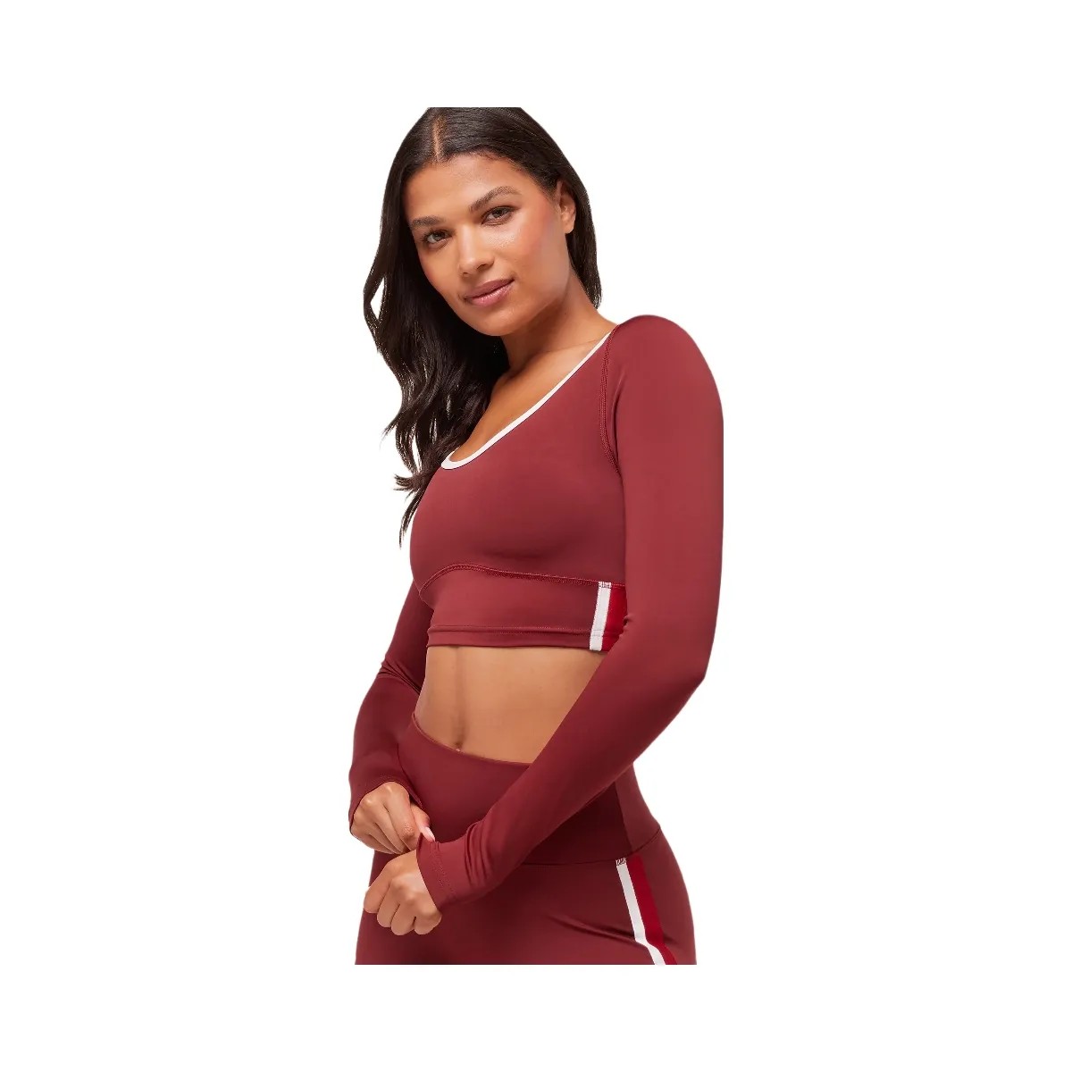 Gymshark Piping Long Sleeve Crop Top - Sets Red/Carmine Red/Soft White - HypeFly India View 5
