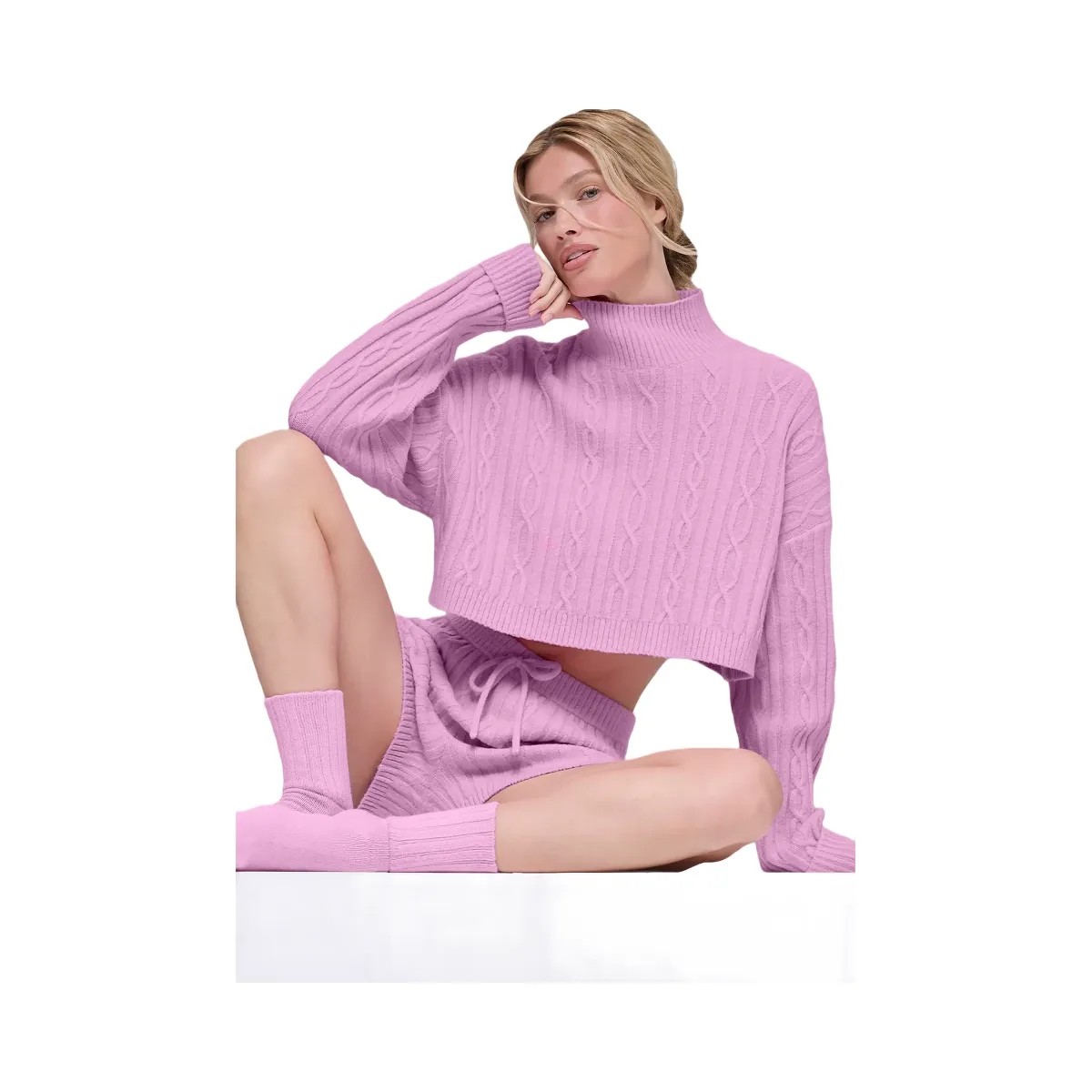 Alo Women's Cable Knit Cropped Winter Bliss Turtleneck Long Sleeve - Candy Heart Pink - HypeFly India View 4