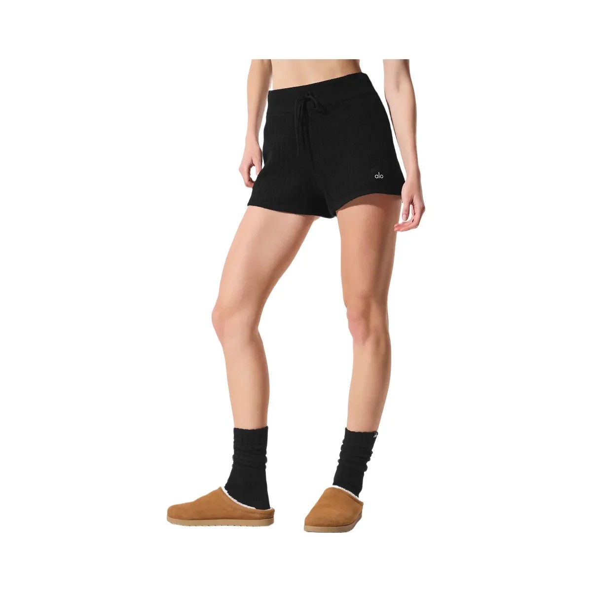 Alo Women's Cashmere High-Waist Plush Waffle Short - Black - HypeFly India View 4
