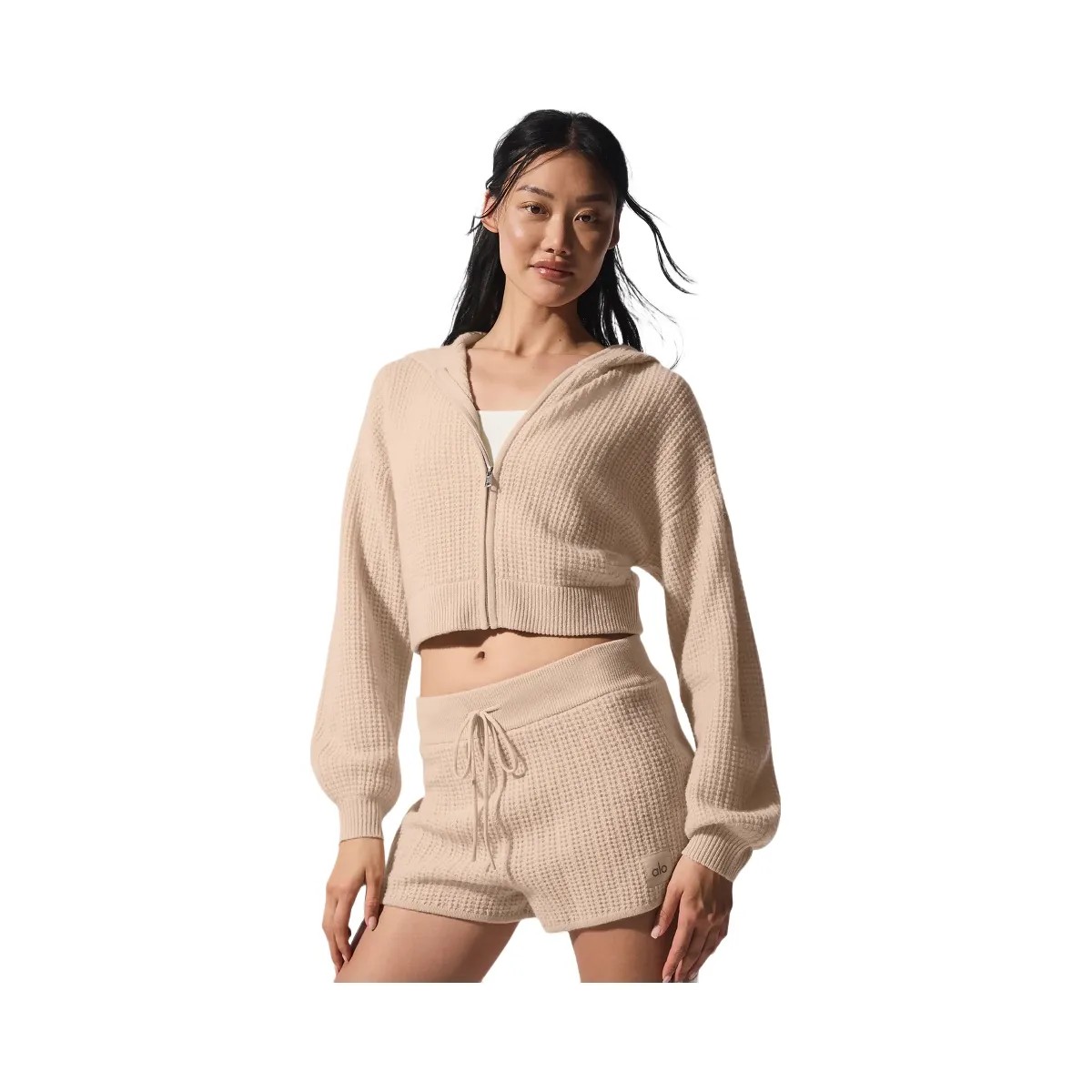 Alo Women's Cashmere Plush Waffle Full Zip Hoodie - Macadamia Blush - HypeFly India View 1