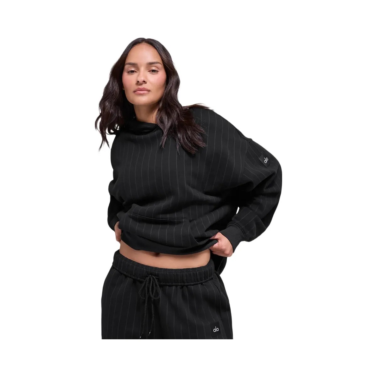 Alo Women's Pinstripe Hoodie - Black Pinstripe - HypeFly India View 1