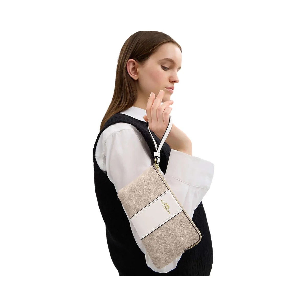 Coach Corner Zip Wristlet In Signature Canvas With Stripe Signature Canvas-Gold-Sand-Chalk - HypeFly India View 4