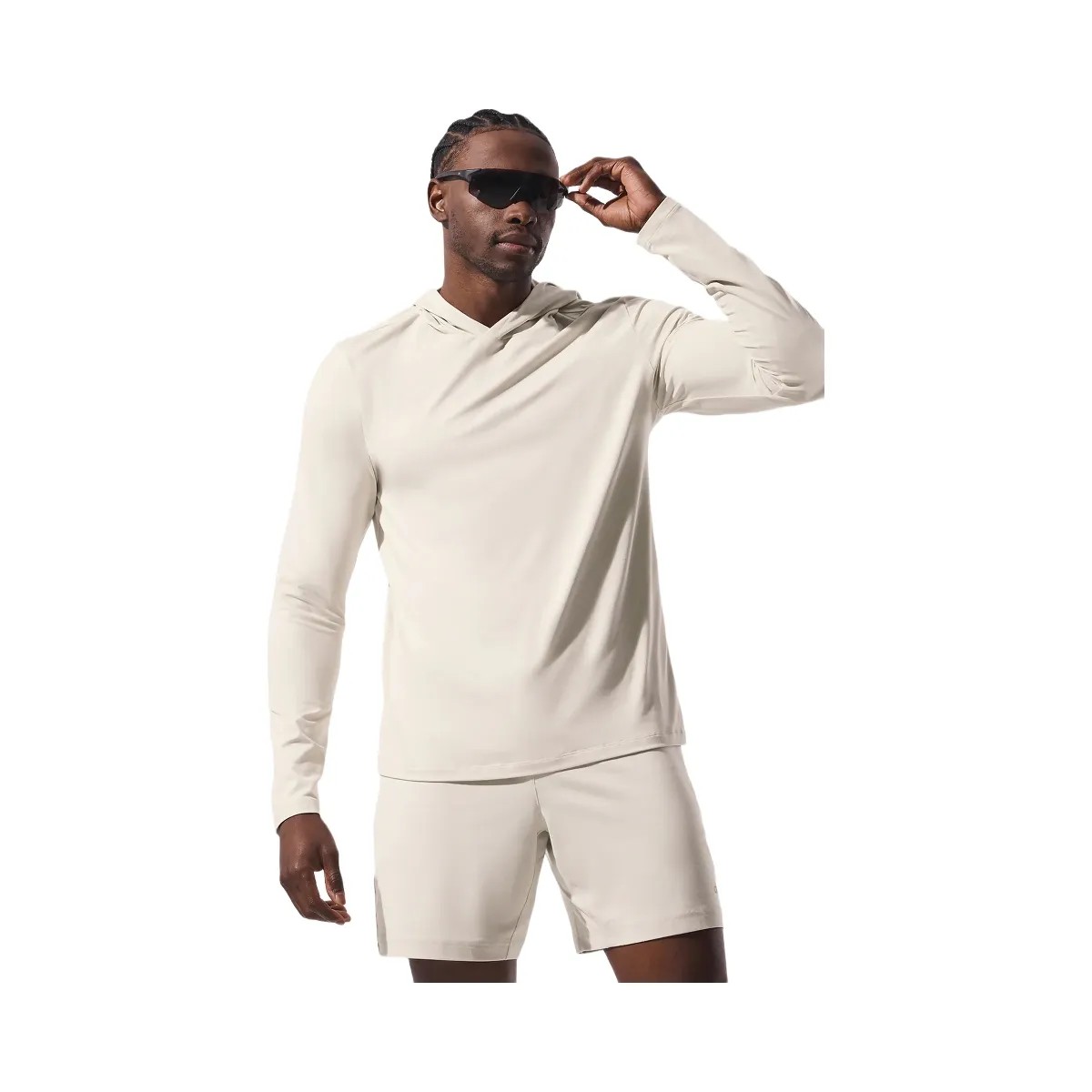 Alo Men's Conquer Reform Long Sleeve With Hood - Bone - HypeFly India View 1