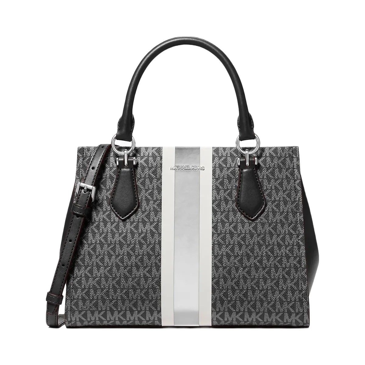 Michael Kors Marilyn Medium Signature Logo Stripe Satchel Black - HypeFly India View 1