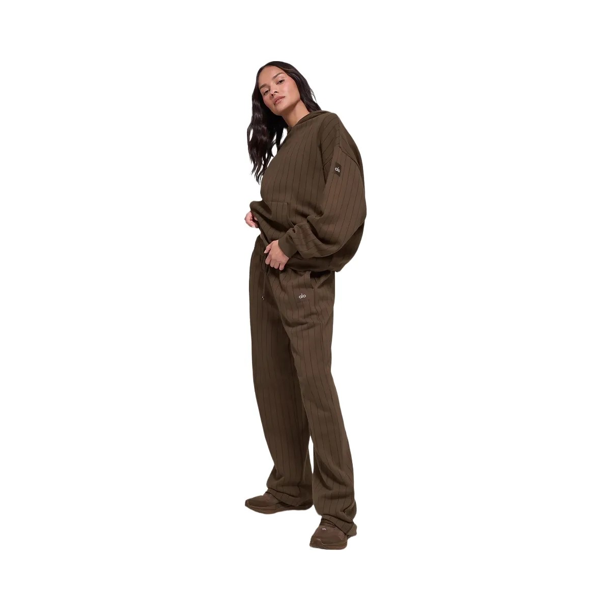 Alo Women's Pinstripe Hoodie - Espresso Pinstripe - HypeFly India View 5