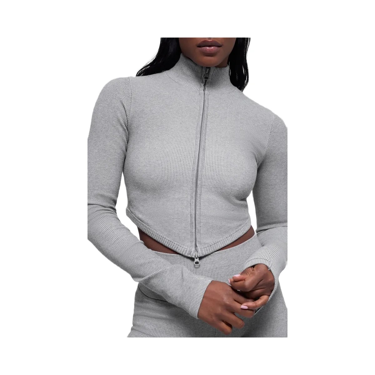 Alo Women's Seamless Two Tone Rib Jacket - Light Misty Grey Heather - HypeFly India View 6
