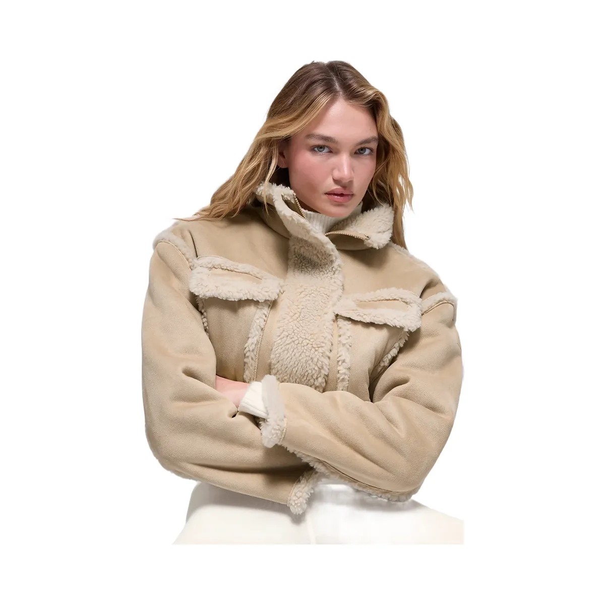 Alo Women's Faux Shearling Snowfall Cropped Jacket - Woodland Tan - HypeFly India View 4