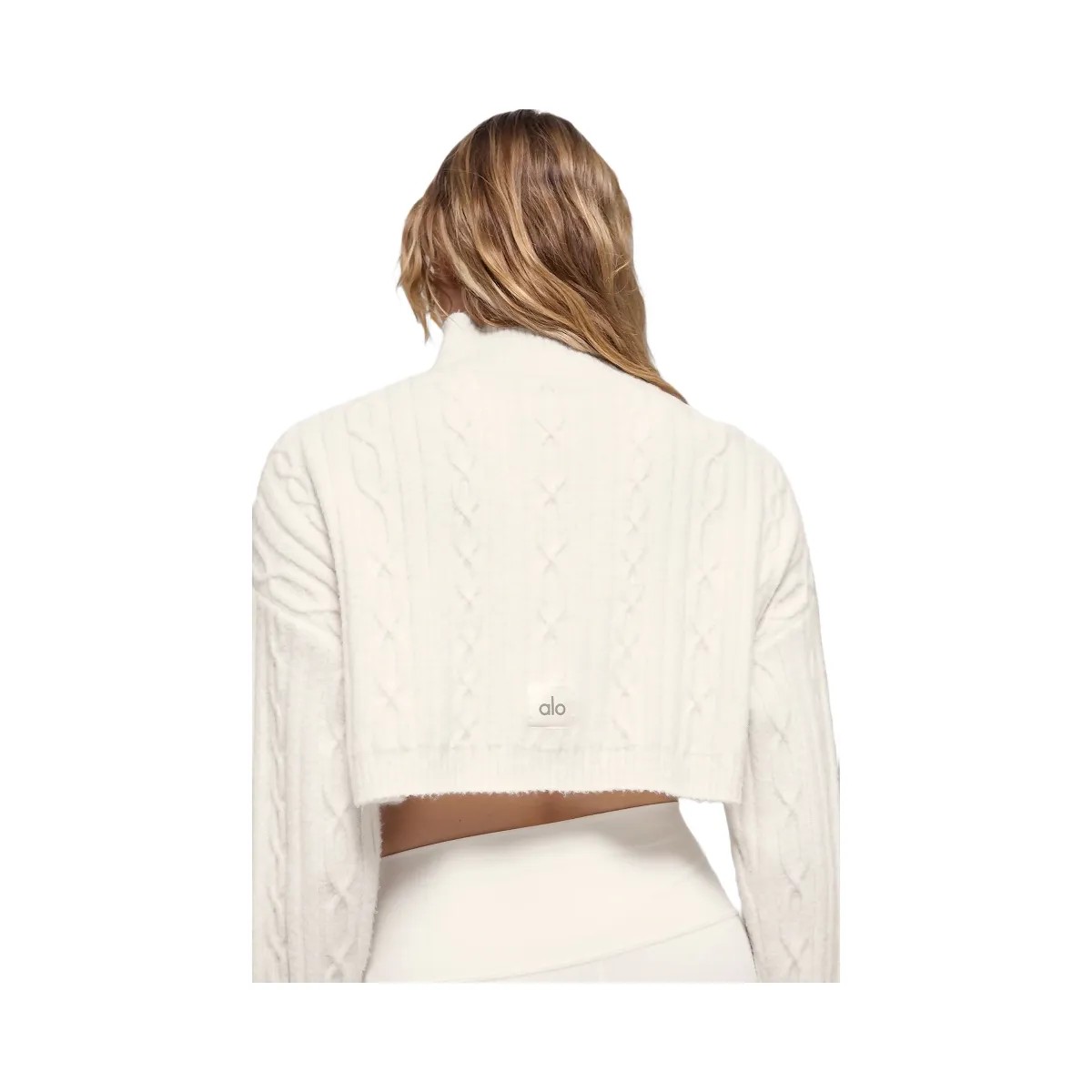 Alo Women's Cable Knit Cropped Winter Bliss Turtleneck Long Sleeve - Ivory - HypeFly India View 3