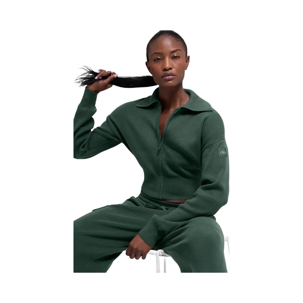 Alo Women's Scholar Knit Cropped Full Zip Jacket - Clover Green - HypeFly India View 4