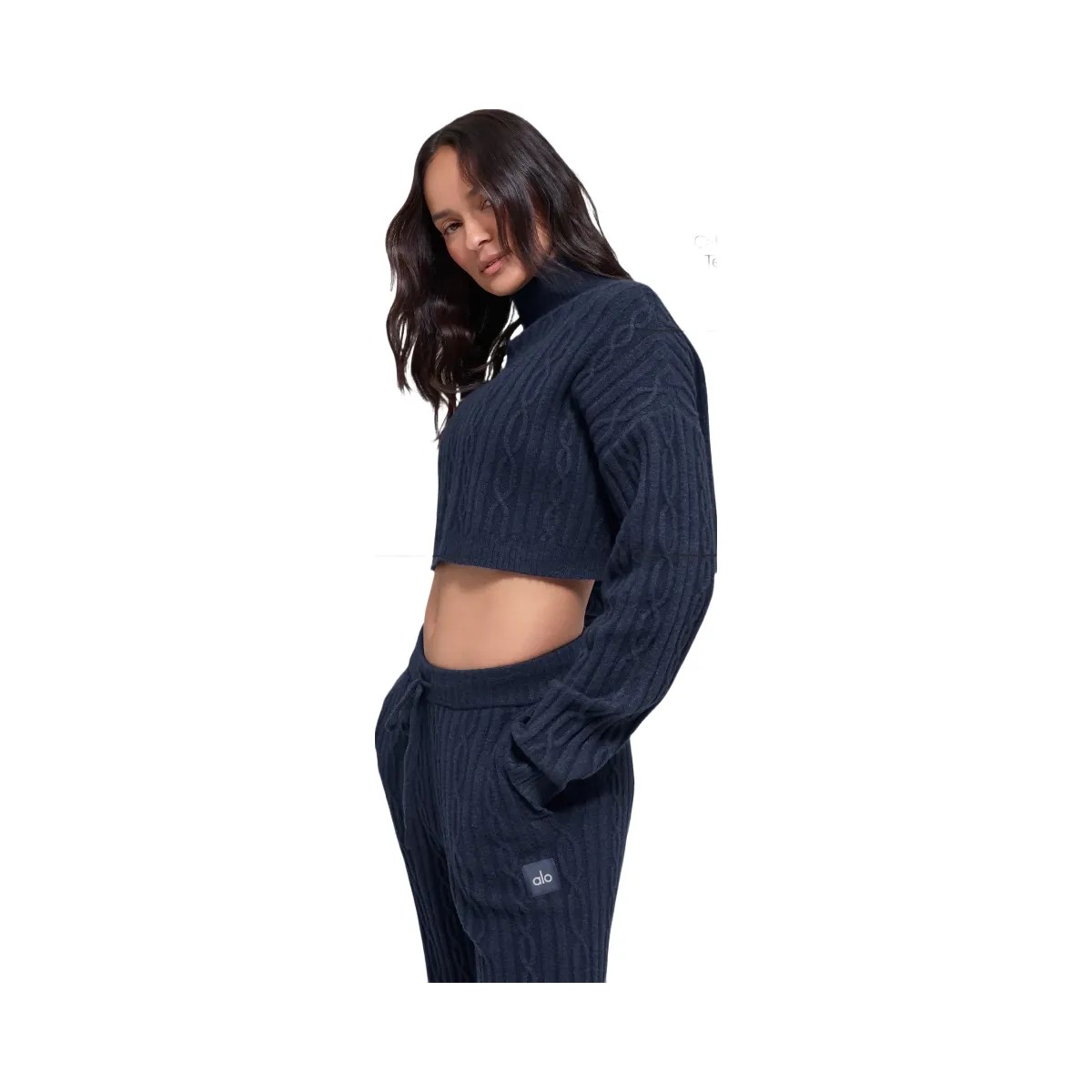 Alo Women's Cable Knit Cropped Winter Bliss Turtleneck Long Sleeve - Navy - HypeFly India View 2